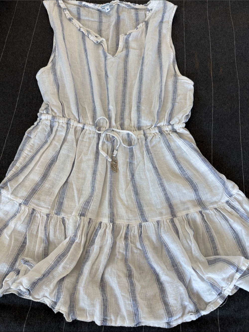 blue island Striped White and Blue Sleeveless Tie-Waist Dress